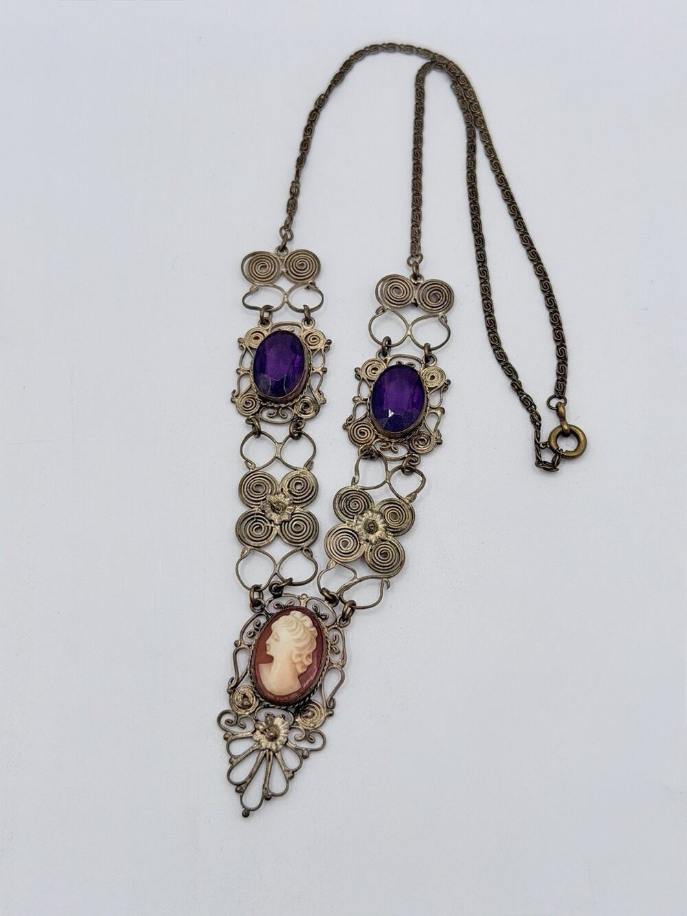 Vintage Austro-Hungarian Necklace Hand Carved Shell Cameo Wirework Filigree